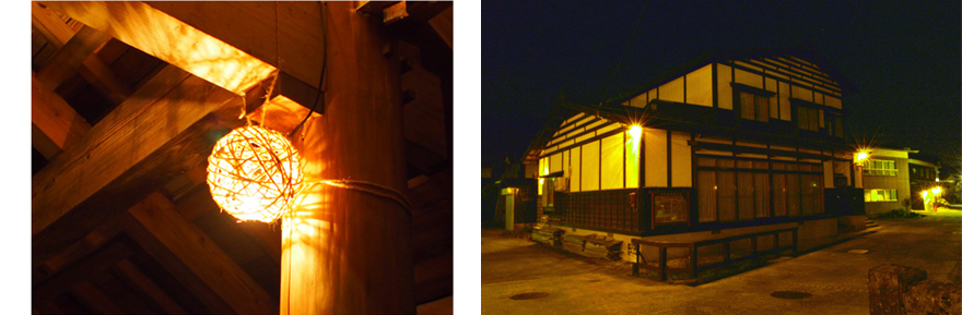 図5自然素材のシェードで覆った行灯（左）図6金山住宅へのあかりの設置（右）